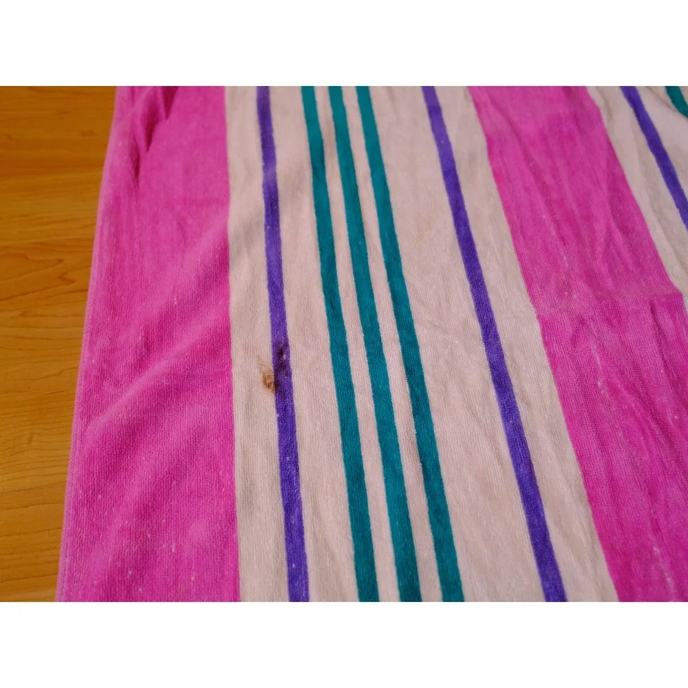 Tropical Escape Beach Towel Pink Purple Teal Striped Cotton Blend 56x28 Vintage